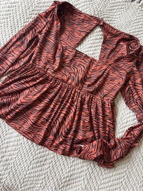 Free People Rust and Black Zebra-Print Long Sleeve Blouse